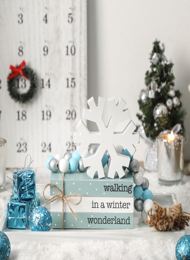 WODOHOLO 5Pcs Winter Wooden Tiered Tray Decor, Wooden Book Stacks Bundle with Snowflake Table Decor, Blue Xmas Rustic Farmhouse Tabletop Centerpieces Home Kitchen Decoration - Image 3